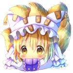  1girl :&lt; animal_ears bangs blonde_hair blush chibi chocolat_(momoiro_piano) closed_mouth commentary_request dress eyebrows_visible_through_hair fox_ears fox_girl fox_tail hair_between_eyes hands_in_sleeves hat kyuubi long_sleeves looking_away looking_to_the_side multiple_tails pillow_hat simple_background solo tail touhou white_background white_dress white_hat yakumo_ran yellow_eyes 
