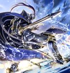  1boy armor armored_boots blue_hair boots day dutch_angle fate/grand_order fate_(series) floating_hair from_below full_armor gauntlets helmet highres holding holding_sword holding_weapon lancelot_(fate/grand_order) lens_flare long_hair masukudo_(hamamoto_hikaru) outdoors ponytail solo sword very_long_hair water weapon 