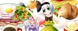  2girls ^_^ bacon black_ribbon blue_kimono breasts broccoli center_frills cherry_tomato closed_eyes closed_mouth coffee commentary_request cravat engrish eyebrows_visible_through_hair food fork green_eyes green_skirt green_vest hair_ribbon hands_up happy hat head_tilt holding holding_fork holding_spatula honey japanese_clothes jar ketchup kimono konpaku_youmu large_breasts lettuce mob_cap multiple_girls obi omelet open_mouth pink_hair plate puffy_short_sleeves puffy_sleeves ranguage ribbon saigyouji_yuyuko sash shirt short_hair short_sleeves skirt smile spatula sunny_side_up_egg teaspoon touhou triangular_headpiece usuusu vest white_hair white_shirt wide_sleeves 