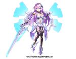  1girl bangs blue_eyes breasts commentary company_connection copyright_name eyebrows_visible_through_hair full_body hair_ornament holding holding_weapon large_breasts long_hair nepgear nepnep_connect:_chaos_chanpuru neptune_(series) purple_hair purple_sister simple_background solo tsunako weapon white_background wings 