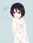  1girl bleach blue_background blush commentary commentary_request eyelashes hair_between_eyes highres kuchiki_rukia lips looking_away looking_to_the_side okome_(haku_maimai) smile snowflakes solo sweater turtleneck violet_eyes 