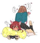  1boy 1girl animal_ears anzu_(ensemble_stars!) barefoot black_pants black_skirt blush brown_hair cat_ears cat_tail controller dualshock ensemble_stars! game_controller gamepad gioha heart kemonomimi_mode lying on_stomach pants pillow pillow_bite plaid plaid_pants plaid_skirt playing_games redhead sakasaki_natsume simple_background sitting sitting_backwards sitting_on_person skirt sweat tail trembling white_background yellow_pillow yumenosaki_school_uniform 