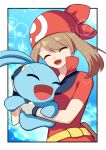  1girl absurdres breast_press breasts brown_hair closed_eyes eyebrows_visible_through_hair hair_between_eyes haruka_(pokemon) hat highres long_hair manaphy medium_breasts open_mouth pokemon red_hat red_shirt shirt short_sleeves smile solo twintails upper_body yuihiko 