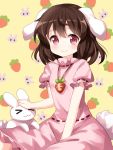  &gt;_&lt; 1girl :3 animal_ears brown_hair bunny_tail carrot carrot_necklace commentary_request dress eyebrows_visible_through_hair floppy_ears highres inaba inaba_tewi looking_at_viewer medium_hair petting pink_dress rabbit rabbit_ears red_eyes ribbon-trimmed_dress ruu_(tksymkw) sitting smile solo tail touhou x3 