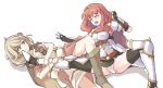 2girls armor blonde_hair blush boots braid brown_eyes cape celica_(fire_emblem) dress effie_(fire_emblem) fingerless_gloves fire_emblem fire_emblem_echoes:_mou_hitori_no_eiyuuou gloves highres jaegan leg_lock long_hair multiple_girls open_mouth panties red_eyes redhead smile submission_hold tears thigh-highs thigh_boots tiara twin_braids underwear wrestling 