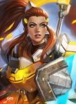  1girl banner brigitte_lindholm brown_eyes brown_hair eyebrows freckles headgear highres holding holding_weapon long_hair overwatch parted_lips ponytail power_armor shield sidelocks soffa solo upper_body weapon 