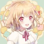  1girl :d blonde_hair blouse blush bob_cut bow cookie eyebrows_visible_through_hair food green_background kapin lace looking_at_viewer open_mouth original red_bow red_eyes short_hair smile solo upper_body white_blouse 