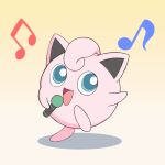  beige_background blue_eyes commentary commentary_request dancing gradient gradient_background happy holding holding_microphone jigglypuff kato-shun looking_away looking_up microphone music musical_note no_humans pink_hair pink_skin pokemon pokemon_(creature) pokemon_(game) pokemon_rgby singing solo standing standing_on_one_leg 