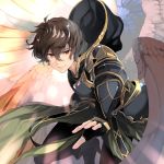  armor brown_hair fingerless_gloves gloves granblue_fantasy male_focus multiple_wings naruse_hirofumi outstretched_arm red_eyes sandalphon_(granblue_fantasy) seraph short_hair smile wings 