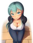  1girl alternate_costume anchor_symbol aqua_eyes aqua_hair blouse breasts casual cleavage denim jacket jeans jewelry kantai_collection large_breasts long_hair maku_ro necklace pants shadow smile solo suzuya_(kantai_collection) 