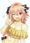  1boy ;d astolfo_(fate) bangs bare_shoulders black_bow blush bow braid collarbone commentary_request crop_top eyebrows_visible_through_hair fang fate/apocrypha fate_(series) frilled_shirt frills hair_between_eyes hair_bow hair_intakes halter_top halterneck hand_up heart highleg long_hair looking_at_viewer male_focus multicolored_hair navel off_shoulder one_eye_closed open_mouth pink_hair shirt short_sleeves simple_background single_braid sketch smile solo spaghetti_strap stomach streaked_hair toned toned_male trap two-tone_hair upper_body v violet_eyes white_background white_hair 
