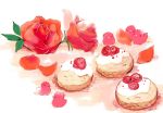  bird chai cookie flower food graphite_(medium) highres icing no_humans original petals pink pink_flower pink_rose rose rose_petals signature still_life traditional_media 