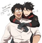  2boys black_hair bodysuit edward_the_blue_engine glasses glasses_enthusiast gordon_the_big_engine hug hug_from_behind male_focus multiple_boys personification shirt simple_background sleeves_rolled_up thomas_the_tank_engine upper_body white_background white_shirt 