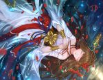  1girl absurdres braid brown_hair closed_eyes dungeon_and_fighter facing_viewer flower hair_flower hair_ornament hair_stick hands_up highres initial jb_(luna9953) long_hair lying on_back petals shaman shaman_(dungeon_and_fighter) solo 