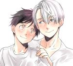  2boys black_hair blue_eyes brown_eyes eye_contact hand_on_another&#039;s_shoulder katsuki_yuuri looking_at_another male_focus mouri multiple_boys silver_hair smile upper_body viktor_nikiforov yuri!!!_on_ice 