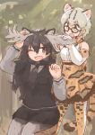  2girls animal_ears antlers bare_shoulders bow bowtie cat_ears cat_tail elbow_gloves eyebrows_visible_through_hair glasses gloves hand_on_another&#039;s_head kemono_friends leaf long_hair long_sleeves margay_(kemono_friends) margay_print moose_(kemono_friends) moose_ears multicolored_hair multiple_girls one_eye_closed open_mouth pleated_skirt rumenia_(ao2is) scarf short_hair sitting skirt stool sweater tail thigh-highs 