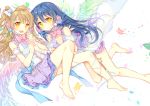  2girls bangs bare_shoulders barefoot blue_hair commentary_request dress eyebrows_visible_through_hair flower grey_hair hair_between_eyes hair_flower hair_ornament hand_holding long_hair looking_at_viewer love_live! love_live!_school_idol_project microphone minami_kotori multiple_girls one_side_up open_mouth pf school_uniform smile sonoda_umi wings x_hair_ornament yellow_eyes yuri 
