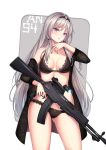  1girl an-94 an-94_(girls_frontline) assault_rifle black_bra black_panties blue_eyes blush bra breasts cenangam character_name cleavage commentary_request fingernails girls_frontline grey_hair gun holding holding_gun holding_weapon lace lace-trimmed_bra lace-trimmed_panties long_hair looking_at_viewer medium_breasts nail_polish open_clothes panties parted_lips rifle scope solo standing underwear weapon 