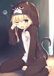  1girl ;o absurdres animal_costume animal_ears animal_hood arm_support bangs barefoot between_legs blonde_hair blue_eyes blurry blurry_background blush cat_costume cat_ears cat_hood cat_pajamas cat_tail commentary_request day depth_of_field eyebrows_visible_through_hair eyelashes fang gabriel_dropout hair_between_eyes hand_between_legs highres hood hood_up indoors light long_hair long_sleeves looking_at_viewer megarisu on_floor one_eye_closed open_mouth rubbing_eyes short_hair_with_long_locks sidelocks sitting sleepy solo squiggle tail tenma_gabriel_white wariza wiping_face wooden_floor 
