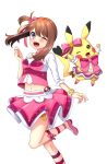  1girl ;d absurdres blush bow breasts brown_hair eyebrows_visible_through_hair hair_between_eyes hair_bow haruka_(pokemon) haruka_(pokemon)_(remake) highres layered_skirt long_hair looking_at_viewer medium_breasts midriff navel one_eye_closed one_leg_raised open_mouth pikachu pink_bow pink_footwear pink_skirt pleated_skirt pokemon shoes side_ponytail simple_background skirt smile solo standing standing_on_one_leg stomach twintails violet_eyes white_background wrist_cuffs yuihiko 