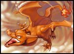 angry black_border border charizard claws clouds commentary deviantart_username fangs fiery_tail fire flying full_body looking_away no_humans open_mouth outdoors pokemon pokemon_(creature) pokemon_(game) pokemon_rgby signature sky solo tongue twarda8 wings 