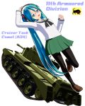  1girl 3d aqua_hair black_legwear comet_(tank) english girls_und_panzer glasses green_eyes ground_vehicle hatsune_miku headphones highres islander_(venom_nf3) long_hair mikumikudance military military_vehicle motor_vehicle ooarai_school_uniform tank twintails vocaloid 