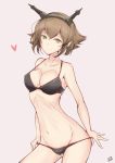  1girl black_bra black_panties bra breasts brown_hair cleavage collarbone dated flipped_hair green_eyes hazuki_futahi headgear heart kantai_collection looking_at_viewer medium_breasts mutsu_(kantai_collection) navel panties panty_pull pink_background short_hair simple_background smile solo strap_gap underwear upper_body wide_hips 