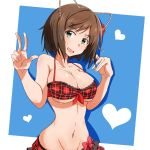  1girl absurdres animal_ears bare_shoulders bikini black_hair blush bow breasts cat_ears cleavage fang frilled_bikini frills green_eyes groin heart highres idolmaster idolmaster_cinderella_girls j.roswel large_breasts looking_at_viewer maekawa_miku plaid plaid_bikini red_bikini red_bow smile solo suzumiya_haruhi swimsuit under_boob v wet 