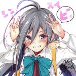  1girl ahoge arms_up double_v grey_eyes grey_hair grin hair_between_eyes halterneck kantai_collection kiyoshimo_(kantai_collection) looking_at_viewer low_twintails lowres rizzl school_uniform shirt signature smile solo twintails upper_body v white_shirt 