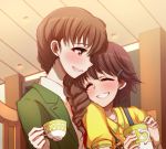  2girls alternate_costume bangs blush braid brown_eyes brown_hair casual cup girls_und_panzer hair_over_shoulder highres isobe_noriko kibimoka long_hair multiple_girls rukuriri short_hair single_braid smile teacup yuri 