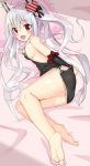  1girl :d azur_lane bare_shoulders barefoot bed_sheet black_dress blush breasts china_dress chinese_clothes commentary_request detached_sleeves dress fang frilled_pillow frills hair_ornament heart heart_hair_ornament highres long_hair long_sleeves looking_at_viewer lying medium_breasts on_side open_mouth pillow red_eyes silver_hair sleeveless sleeveless_dress sleeves_past_wrists smile solo sutei_(xfzdarkt) twintails vampire_(azur_lane) very_long_hair 