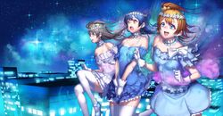  3girls absurdres bangs bare_shoulders blue_dress blue_eyes blue_hair blush choker commentary_request dress earrings floating flower gloves grey_hair hair_between_eyes hair_ornament head_wreath highres hiyashi_yaki jewelry kousaka_honoka long_hair love_live! love_live!_school_idol_festival love_live!_school_idol_project minami_kotori multiple_girls night night_sky one_side_up open_mouth orange_hair skirt skirt_tug sky skyline smile sonoda_umi thigh-highs white_dress white_gloves white_legwear yellow_eyes yume_no_tobira 