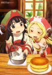  2girls absurdres bangs black_hair blonde_hair blunt_bangs blush brown_eyes cake cooking dress food green_hat hair_bobbles hair_ornament hakumei_(hakumei_to_mikochi) hakumei_to_mikochi hands_on_another&#039;s_arm hat highres indoors japanese_clothes jar kimono konju_(hakumei_to_mikochi) kurosawa_keiko long_hair low_twintails megami multiple_girls official_art open_mouth plant red_dress red_eyes red_hat smile tablecloth twintails white_kimono window wooden_table 