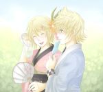  1boy 1girl blonde_hair blue_eyes breasts japanese_clothes kimono kingdom_hearts kingdom_hearts_ii medium_hair namine roxas short_hair slapmyface 