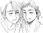  2boys christophe_giacometti facial_hair looking_at_another male_focus monochrome mouri multiple_boys smile translation_request upper_body viktor_nikiforov yuri!!!_on_ice 
