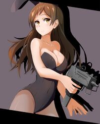  1girl absurdres animal_ears bangs bare_shoulders black_leotard blush breasts brown_hair bunny_girl bunnysuit gun highres idolmaster idolmaster_million_live! imi_uzi j.roswel kitazawa_shiho large_breasts leotard long_hair pantyhose rabbit_ears solo submachine_gun swept_bangs weapon 