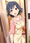  1girl :d absurdres apron bag blue_hair blush braid breasts commentary_request doorway highres idolmaster idolmaster_million_live! indoors intercom looking_at_viewer medium_breasts nanao_yuriko open_door open_mouth shiokazunoko short_hair slippers_removed smile solo standing yellow_eyes 