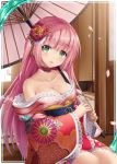  1girl age_progression akkijin bare_shoulders breasts card_(medium) cherry_blossoms floral_print flower green_eyes hair_flower hair_ornament holding holding_umbrella indoors japanese_clothes kimono medium_breasts official_art oriental_umbrella pink_hair pink_umbrella print_kimono seiza shinkai_no_valkyrie sitting solo umbrella 