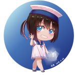  1girl bag black_hair blue_eyes chibi daitou_(kantai_collection) dress full_body hand_up hat kantai_collection looking_at_viewer moon_ash sailor_dress sailor_hat shoes short_ponytail shoulder_bag simple_background smile solo turret white_background white_legwear 