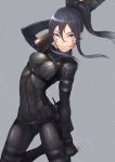  &gt;:) 1girl arm_at_side arm_up bad_id bad_pixiv_id belt belt_pouch black_bodysuit black_hair blue_eyes bodysuit breasts closed_mouth covered_navel facial_mark fingerless_gloves gloves grey_background gun hair_between_eyes holding holding_gun holding_weapon kyoeiki leg_up long_hair looking_at_viewer medium_breasts pitohui_(sao) ponytail shiny shiny_hair sidelocks simple_background skin_tight smile solo stand_(jojo) sword_art_online sword_art_online_alternative:_gun_gale_online tsurime weapon 