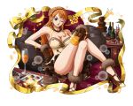  1girl bodskih box breasts brown_eyes brown_footwear brown_gloves cake cleavage collarbone dress food frilled_hairband fur_trim glass gloves hand_on_own_knee high_heels holding jewelry large_breasts long_hair looking_at_viewer nami_(one_piece) necklace one_eye_closed one_piece open_mouth orange_hair ribbon shiny shiny_skin short_dress sideboob sitting sleeveless sleeveless_dress solo strapless strapless_dress transparent_background very_long_hair yellow_ribbon 