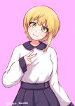  1girl :3 artist_name blonde_hair disco_brando green_eyes head_tilt highres idolmaster idolmaster_cinderella_girls idolmaster_cinderella_girls_starlight_stage long_sleeves looking_at_viewer miyamoto_frederica pink_background short_hair skirt solo v 