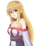  1girl arc_the_lad arc_the_lad_ii bare_shoulders blonde_hair blush braid breasts brown_eyes cleavage commentary_request dress lieza long_hair looking_at_viewer low-tied_long_hair single_braid solo yukikan 