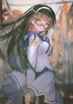  1girl alternate_costume arm_at_side arm_behind_back bangs black_hair black_legwear blue_glasses blue_ribbon blunt_bangs blurry blush breasts cityscape confetti depth_of_field eyebrows_visible_through_hair floating_hair flower from_side girls_frontline glasses hair_flower hair_ornament hairband hanato_(seonoaiko) head_tilt large_breasts long_hair long_sleeves looking_at_viewer neck_ribbon pantyhose parted_lips qbz-95_(girls_frontline) ribbon semi-rimless_eyewear shirt sidelocks skirt solo sparkle twitter_username white_hairband white_shirt white_skirt wind wind_lift yellow_eyes 