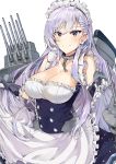  1girl absurdres apron azur_lane bangs bare_shoulders belfast_(azur_lane) blush braid breasts chains cleavage collar collarbone curtsey dress french_braid frills gloves highres large_breasts long_hair maid maid_headdress silver_hair smile solo swept_bangs turret tuxedo_de_cat violet_eyes white_background 