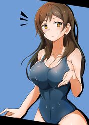  /\/\/\ 1girl absurdres armpit_crease blue_background breasts brown_eyes brown_hair cleavage highres idolmaster idolmaster_million_live! j.roswel kitazawa_shiho large_breasts school_swimsuit sideboob solo swimsuit wet 