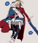  1girl 2boys ankle_grab archer armor artoria_pendragon_(all) blonde_hair carrying dark_skin dark_skinned_male dragging fate/stay_night fate_(series) hirarego lancer lifting_person long_sleeves multiple_boys saber spoken_skull sweat tan_background white_hair 
