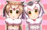  2girls :o brown_hair checkered checkered_background coat commentary_request eurasian_eagle_owl_(kemono_friends) fur_collar grey_hair highres hoshimelon kemono_friends looking_at_viewer multicolored_hair multiple_girls northern_white-faced_owl_(kemono_friends) orange_eyes short_hair sparkle upper_body white_hair 