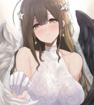  ahoge asymmetrical_wings breasts bridal_veil bride brown_hair collarbone dress earrings flower foreshortening glint gloves hair_between_eyes hair_flower hair_ornament head_tilt idolmaster idolmaster_shiny_colors jewelry kuwayama_chiyuki large_breasts looking_at_viewer sleeveless sleeveless_dress toho_(kihon_ha_yappa) upper_body veil white_gloves wings 