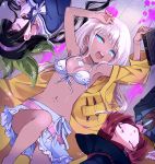  3girls blue_eyes breasts chabashira_tenko dangan_ronpa from_above grey_hair hair_ornament highres jacket jewelry long_hair looking_at_viewer looking_up multiple_girls navel necklace new_dangan_ronpa_v3 pink_blood sleeping tan white_bikini_top yellow_jacket yonaga_angie yumeno_himiko yuuma_(yuma1111) 